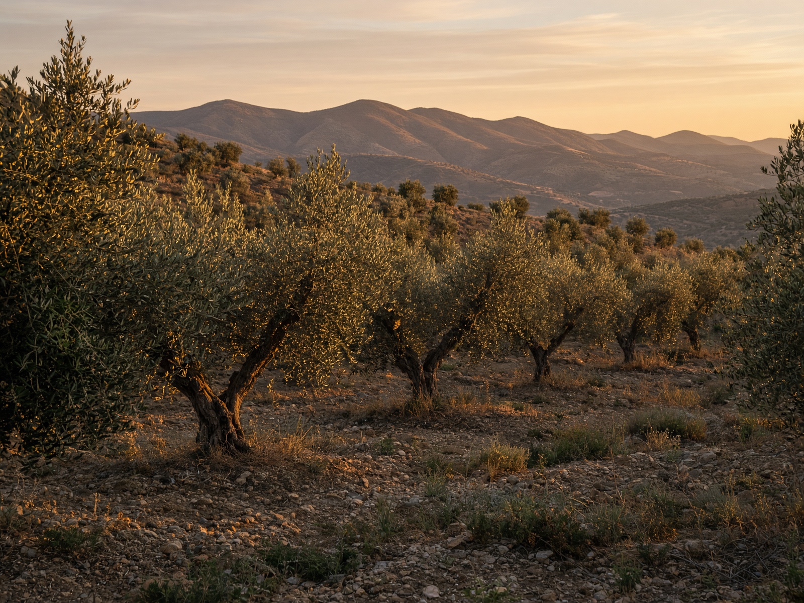 Olivar mediterráneo al atardecer